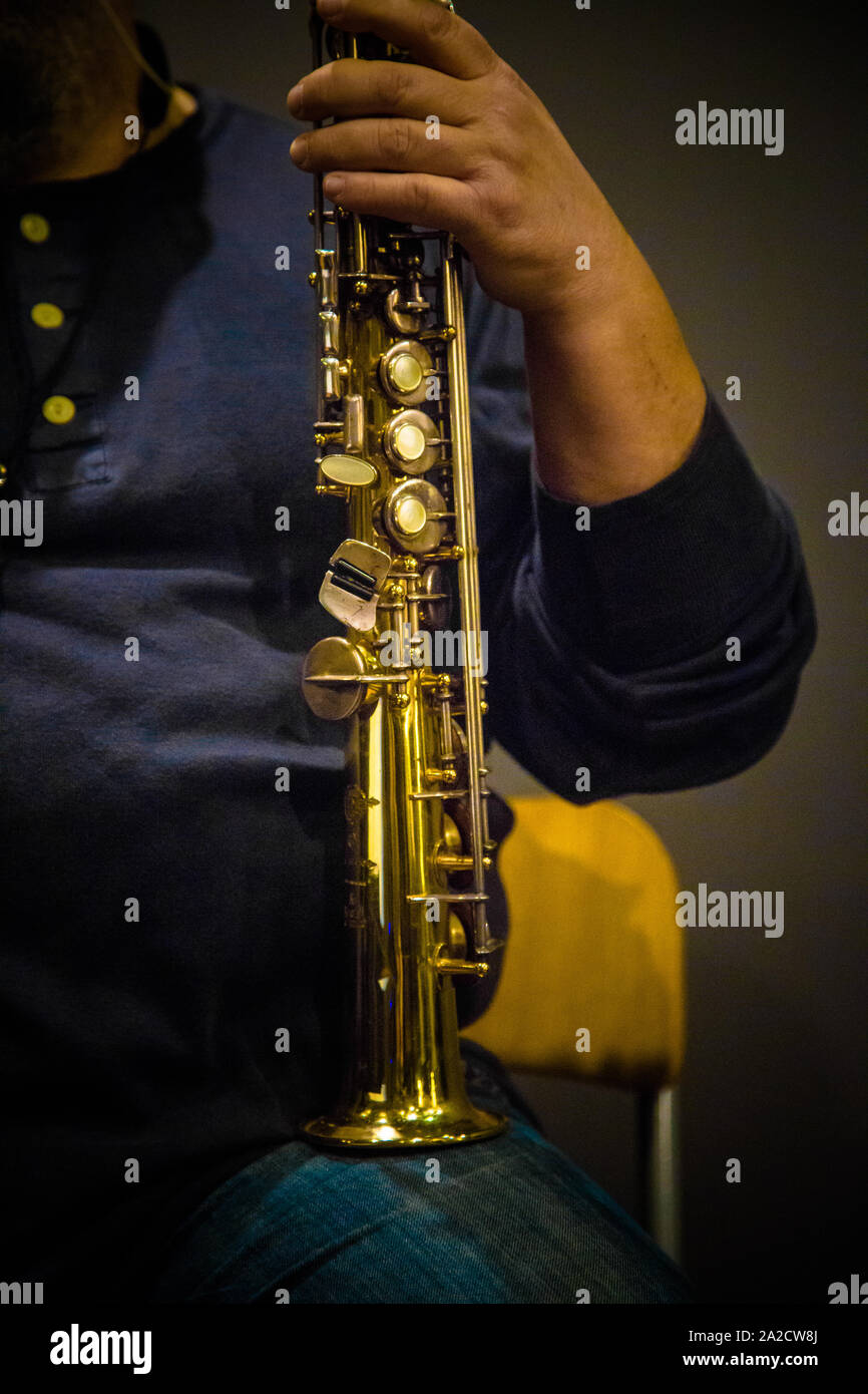 clarinetist waiting to record his performance in a studio Stock Photo