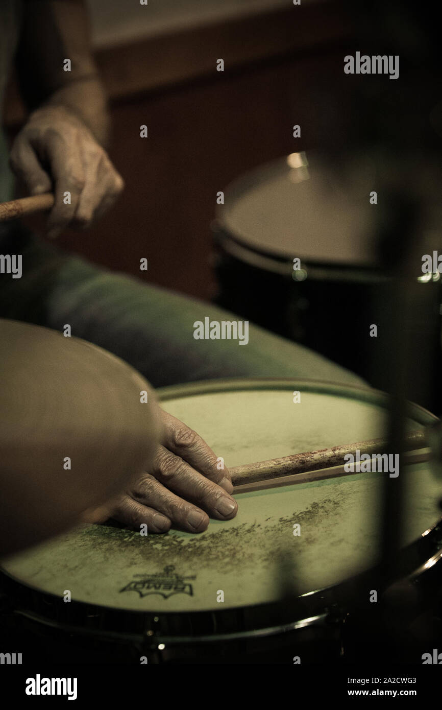 Drummer ready for a recording session in a studio Stock Photo