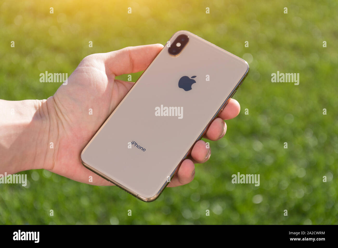 iPhone Xs Max gold smartphone model by Apple Computers close up in male hand on the background of green grass. Italy, Tuscany, Pisa. 26 December 2018 Stock Photo