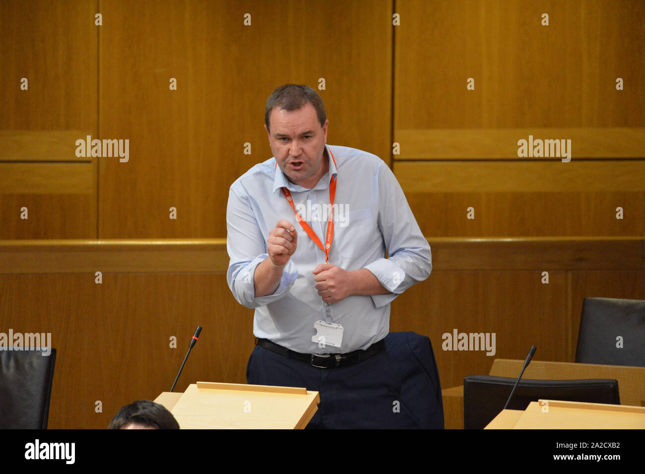 Edinburgh, 2 October 2019. Pictured: Neil Findlay MSP - Scottish Labour Party. Afternoon debate in the chamber: Don't Extend the ScotRail Franchise.  Scottish Labour are wanting to replace the Dutch owned firm Abellio and nationalise ScotRail after its many failings from over crowding to cancelled trains.  Credit: Colin Fisher/Alamy Live News Stock Photo