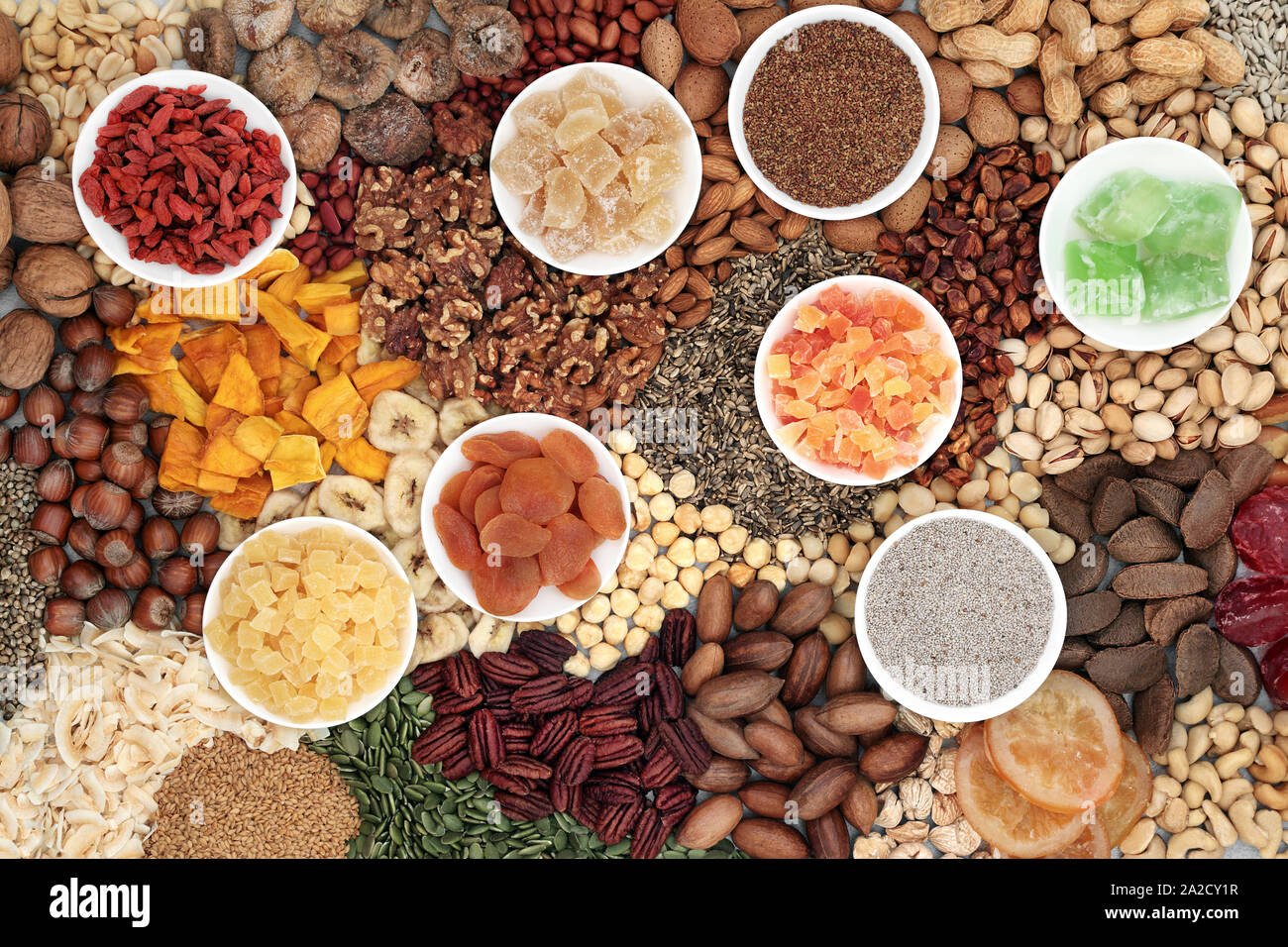 Dried fruit nuts and seed variety forming a background. Health food