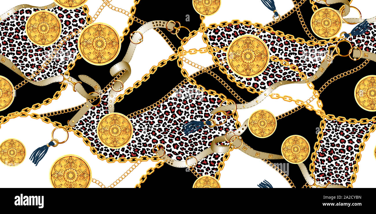 Trendy seamless pattern with gold chains and belts, leopard skin, patch ...