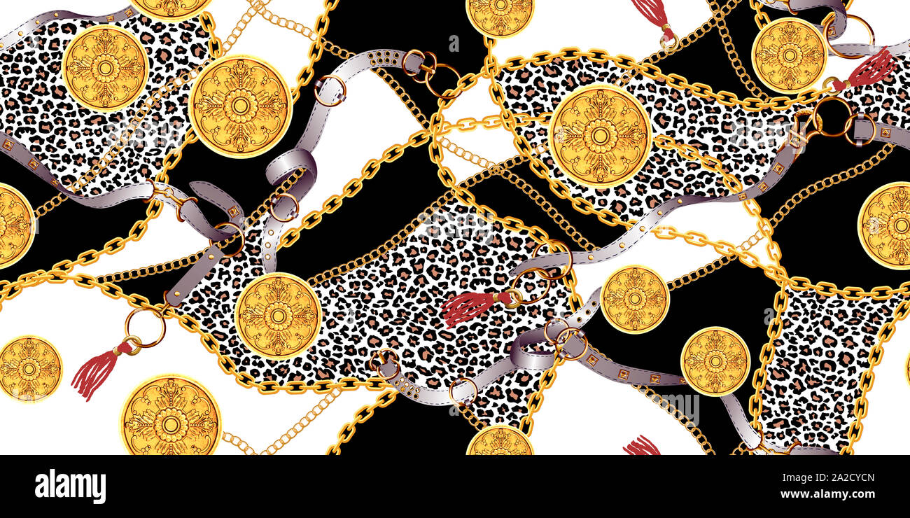 Trendy seamless pattern with gold chains and belts, leopard skin, patch ...