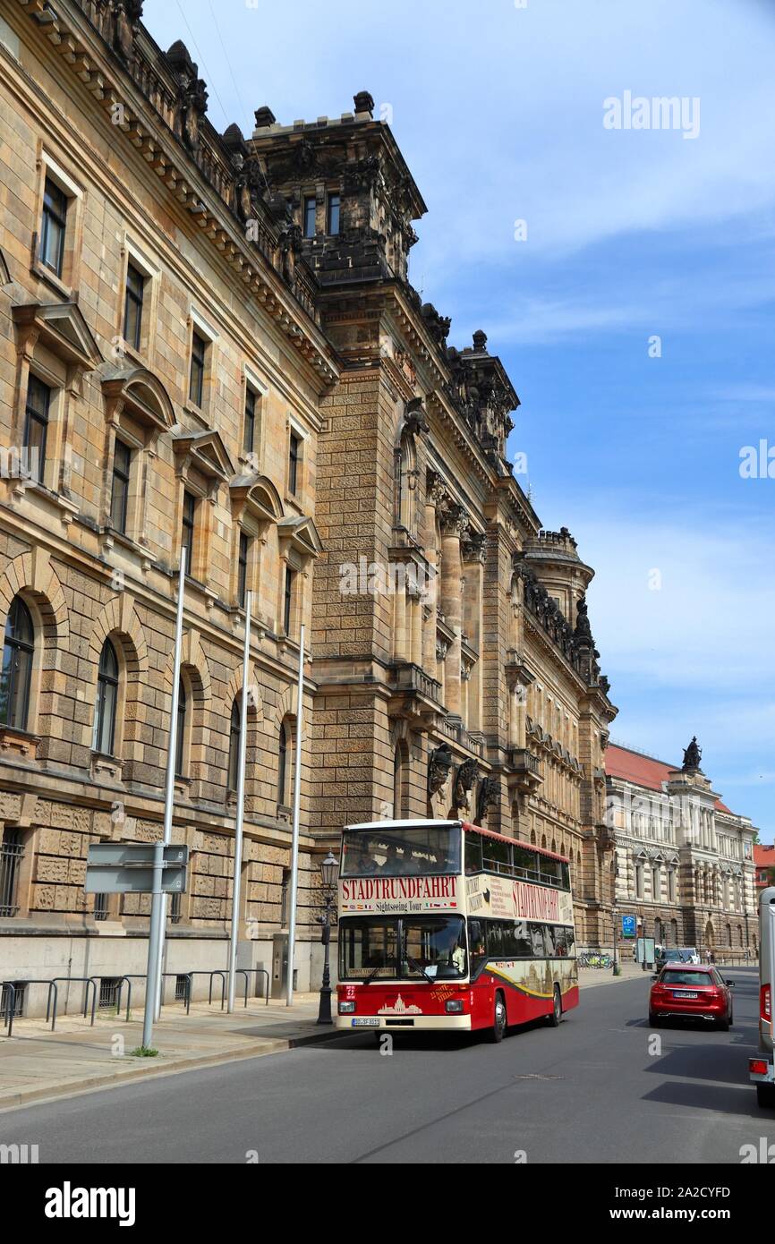 DRESDEN, GERMANY - MAY 10, 2018: Tourists ride a double decker bus city tour in Altstadt (Old Town) district of Dresden, the 12th biggest city in Germ Stock Photo