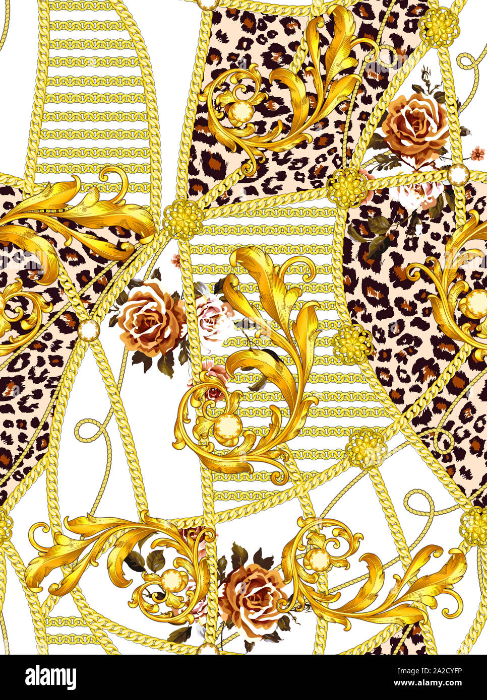 Trendy seamless pattern with gold chains, leopard and baroque, patch ...