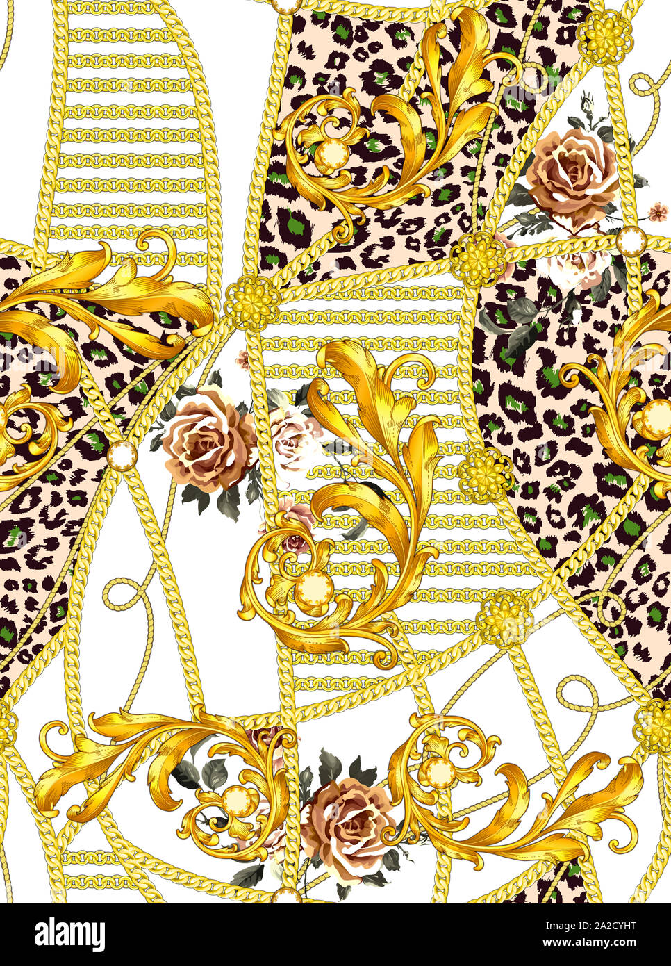 Trendy seamless pattern with gold chains, leopard and baroque