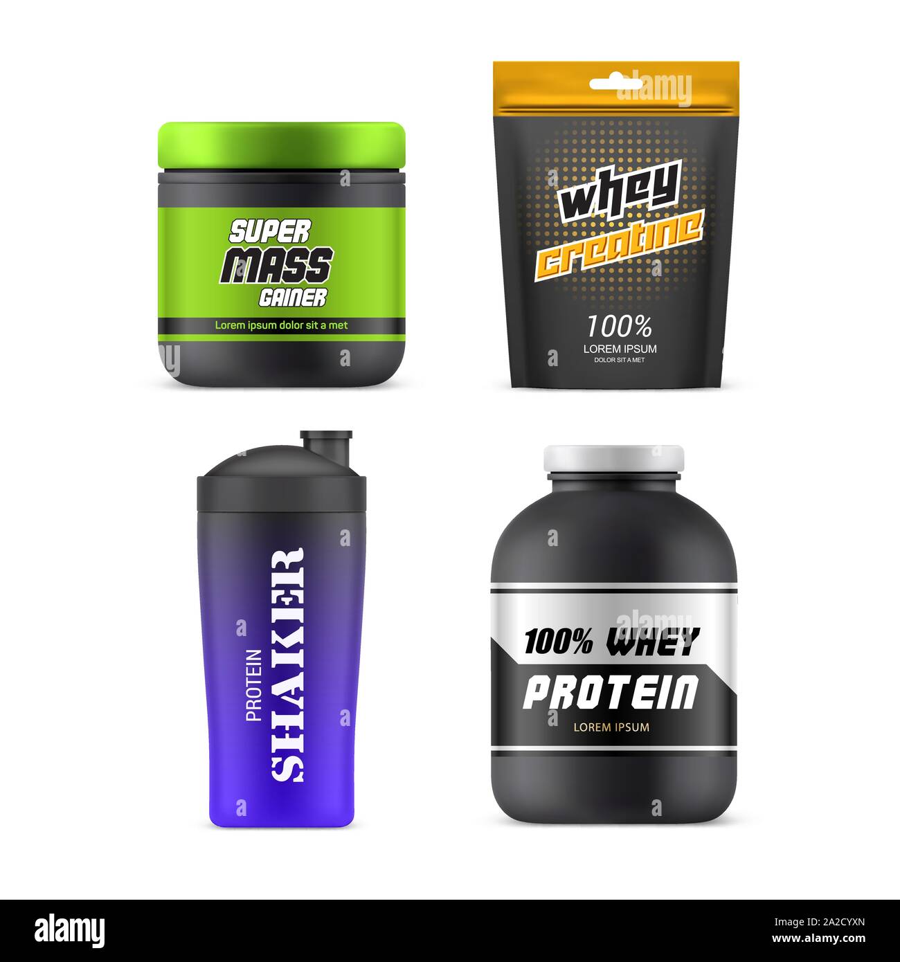 Sport nutrition packages and plastic jars, 3D mockup templates Stock Vector