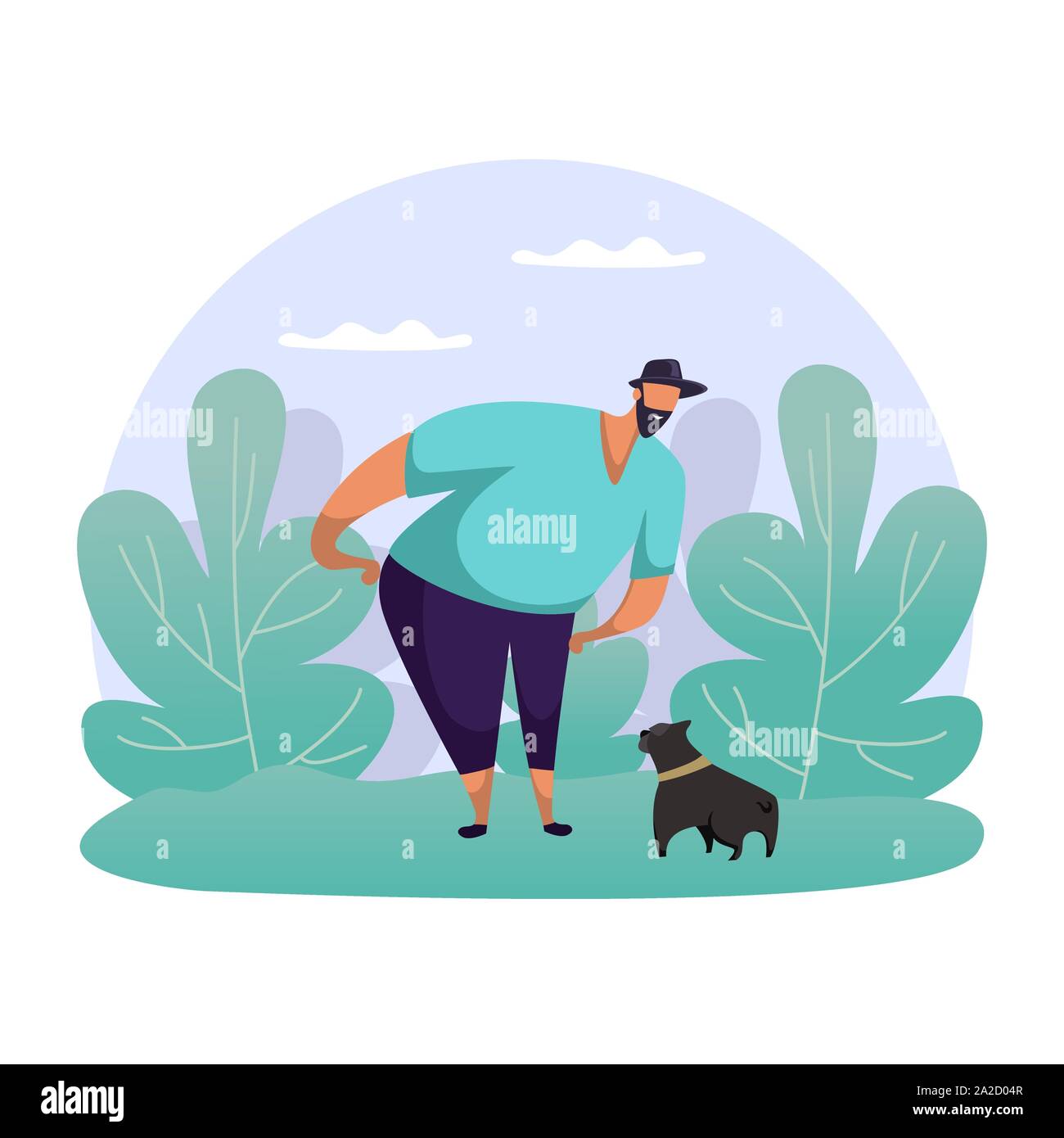 Man playing with dog. Flat guy strolling with pet Stock Vector