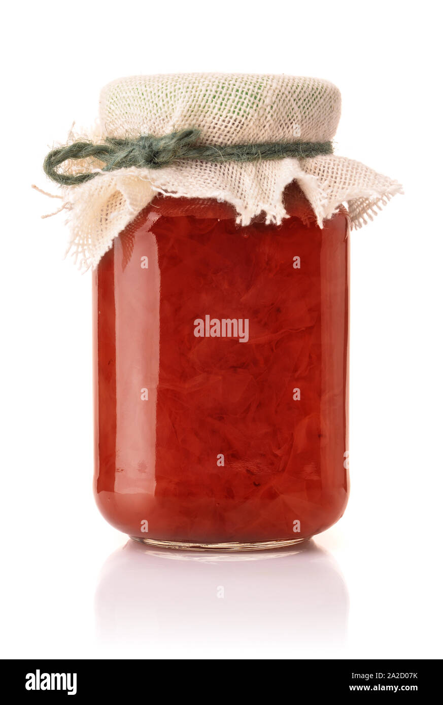 Front view of rose petal jam in glass jar isolated on white Stock Photo