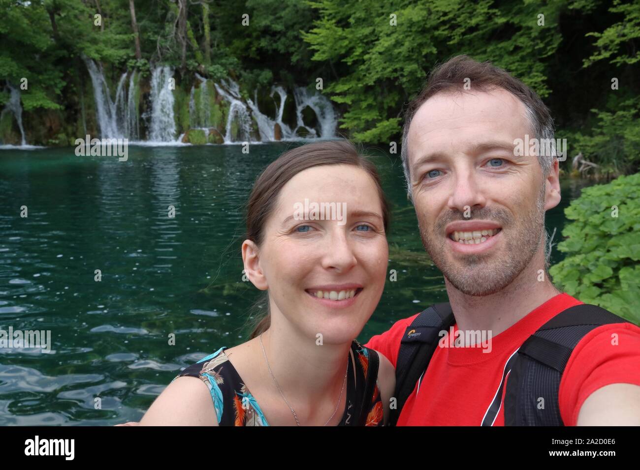 Croatia couple selfie. Plitvice Lakes National Park. Stock Photo