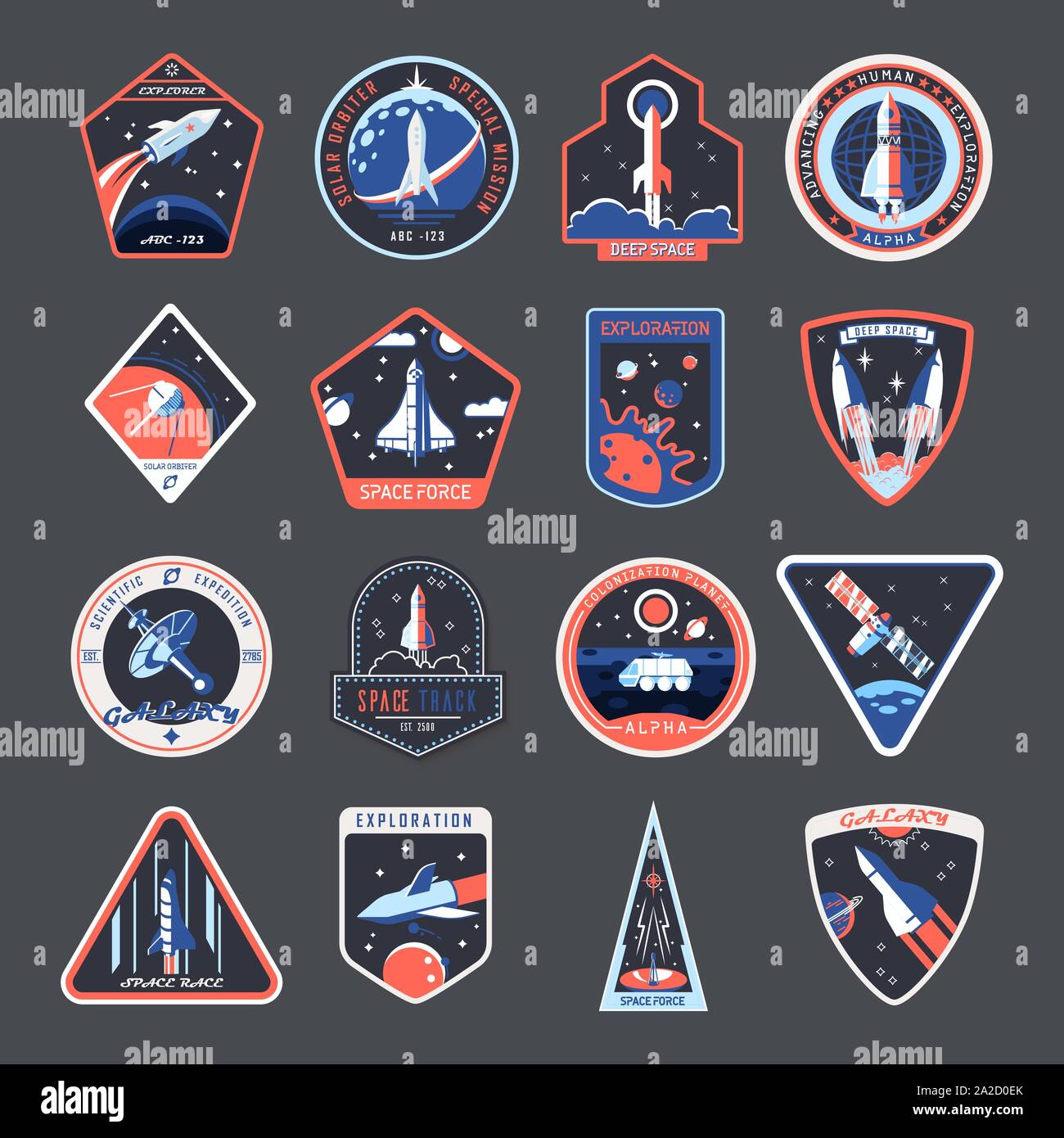 Space patches, galaxy exploration spaceship badges Stock Vector