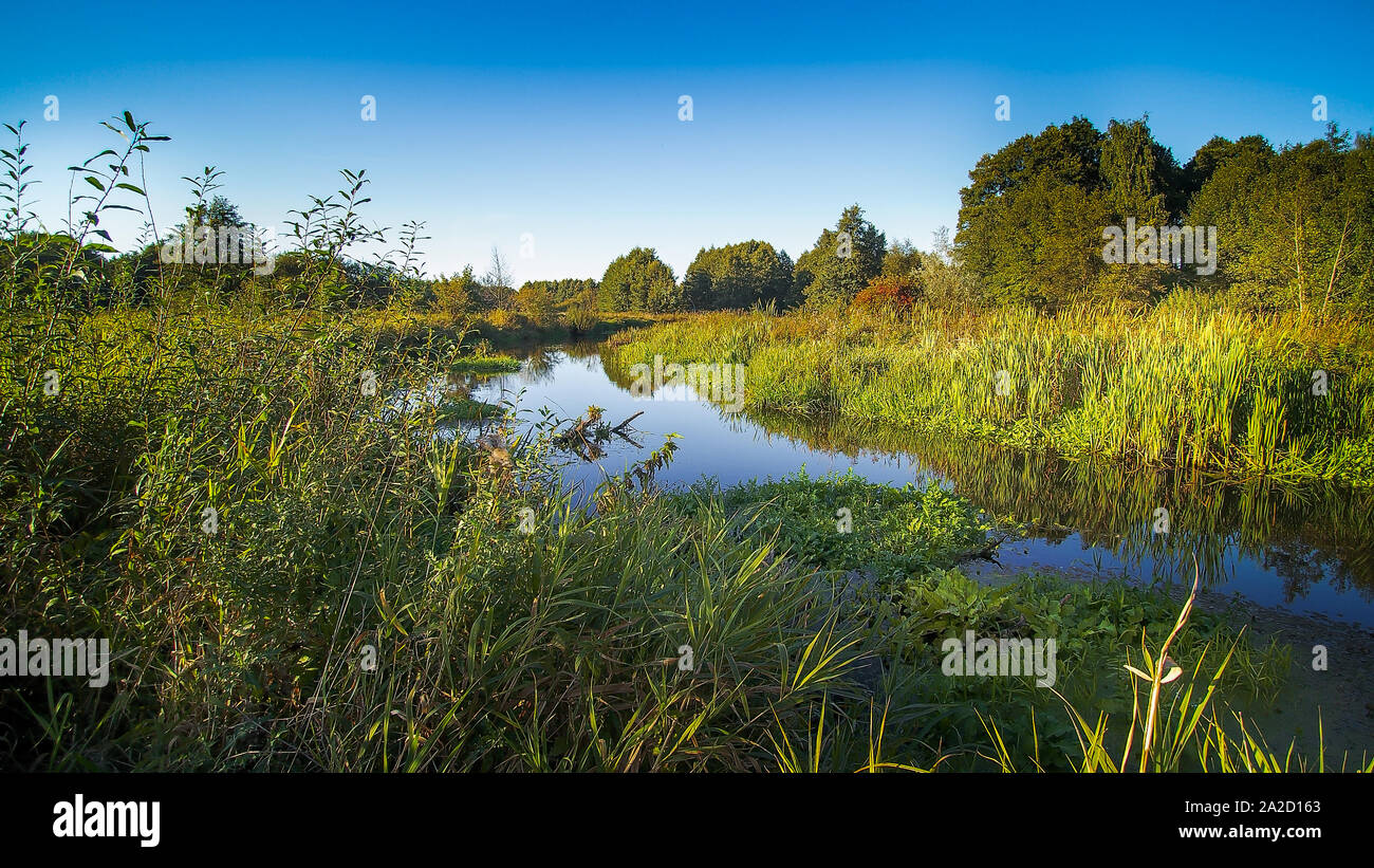 View of the Czarny Dunajec river and distant mountains. Stock Photo