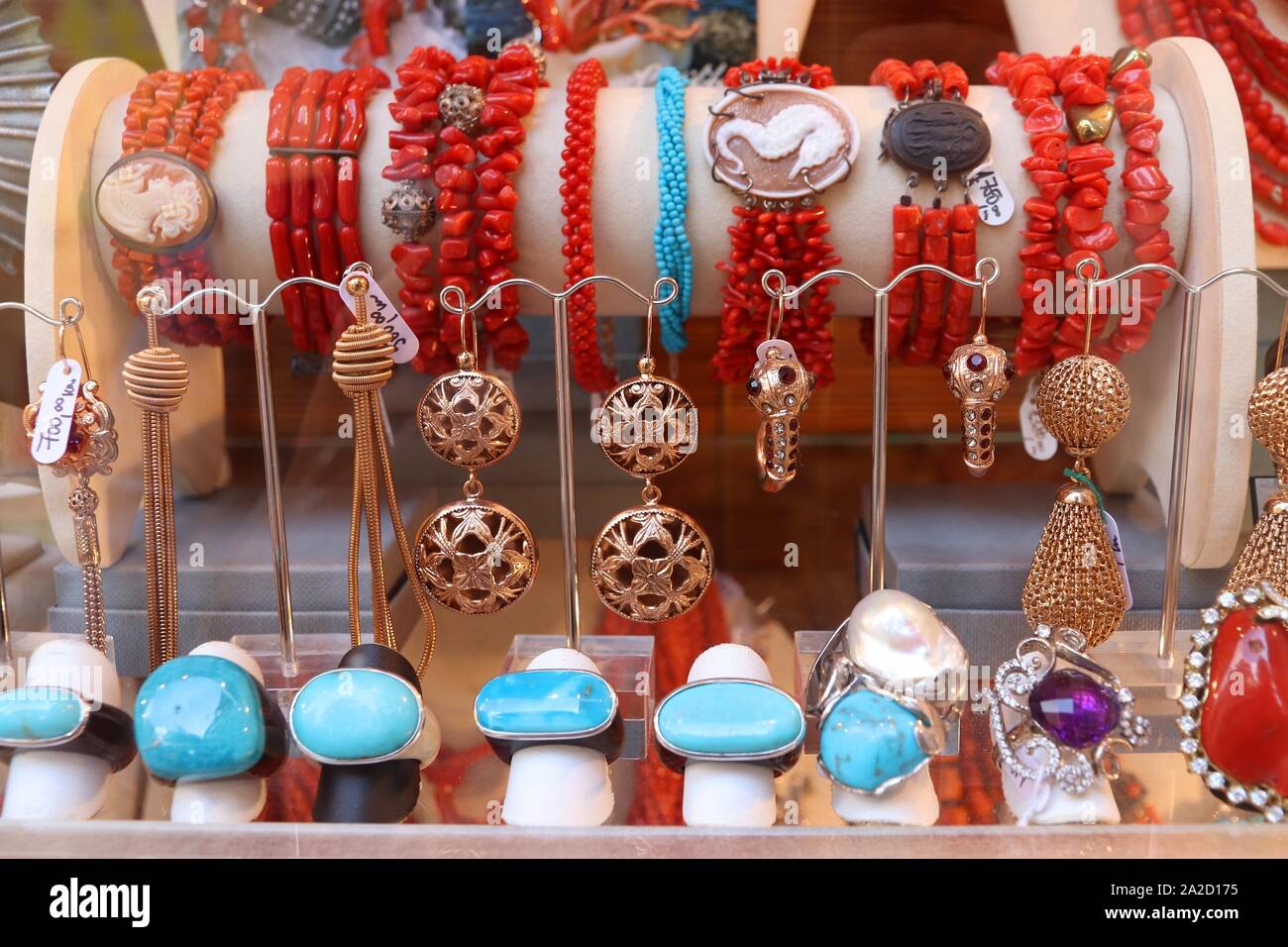 Coral jewellery in Croatia. Jewelry store window display in Korcula