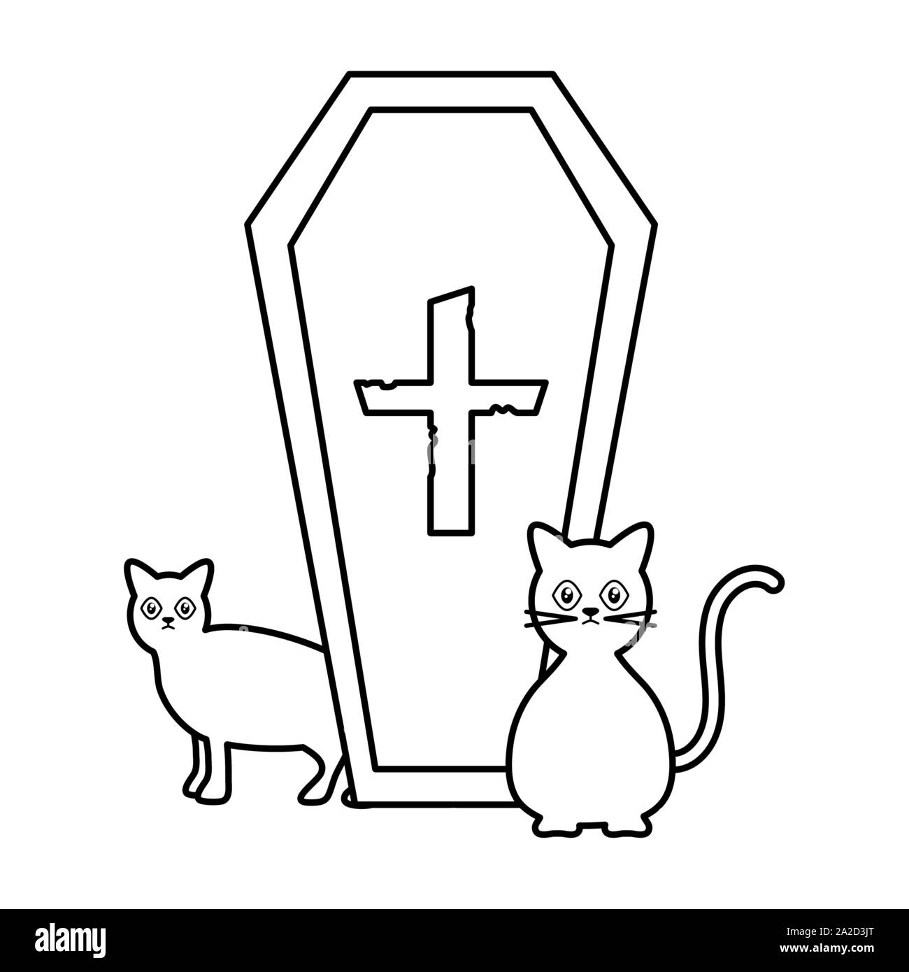 coffin cats trick or treat happy halloween vector illustration line ...