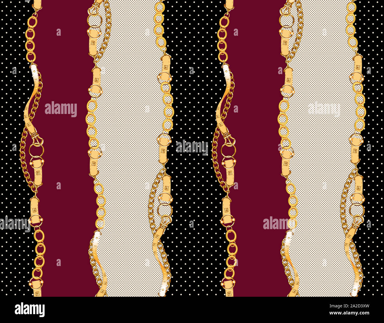 Seamless antique golden belts and stripes. vintage colors, black background with white dots, modern pattern with dark red and light colors. Ready for Stock Photo