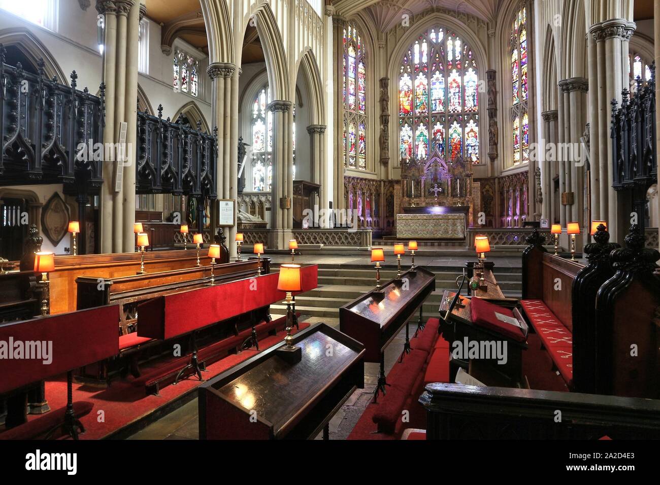 LEEDS, UK - JULY 11, 2016: Interior view of Leeds Minster, or the Minster and Parish Church of Saint Peter at Leeds, UK. The landmark was consecrated Stock Photo