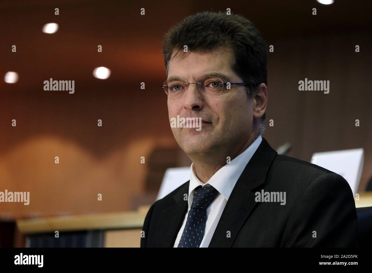 Brussels, Belgium. 2nd October 2019. European Crisis Management Commissioner-designate Janez Lenarcic of Slovenia makes an opening address during her hearing at the European Parliament. Credit: ALEXANDROS MICHAILIDIS/Alamy Live News Stock Photo