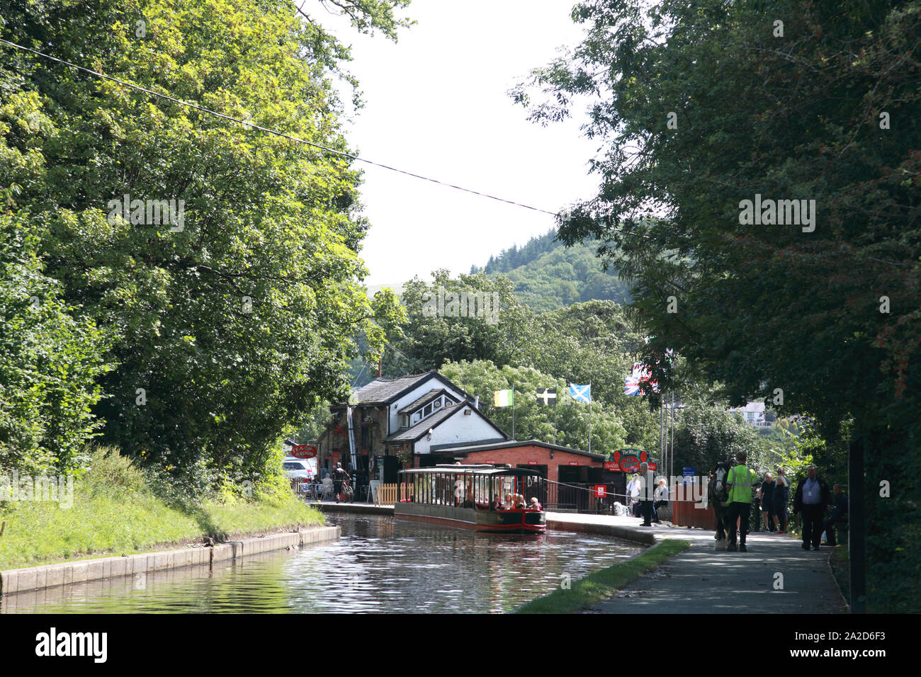 The wharf at Llangollen on the Llangollen Canal, from where horses draw boats up the Dee valley towards Llantysilio Stock Photo