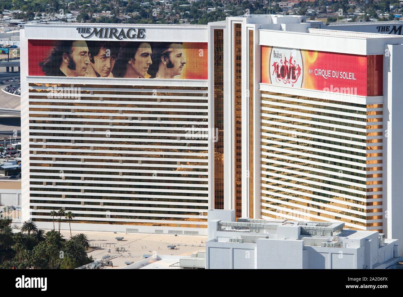 LAS VEGAS, USA - APRIL 14, 2014: Aerial view of The Mirage casino in Las Vegas. Among 25 largest hotels in the world, 15 are located on Las Vegas Stri Stock Photo