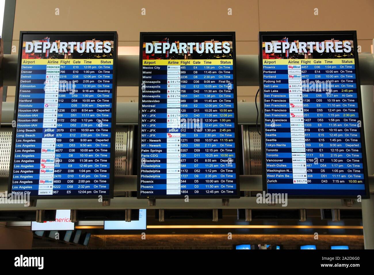 LAS VEGAS, USA - APRIL 15, 2014: Flight status screens at Las Vegas McCarran International Airportt in USA. It was the 24th busiest airport in the wor Stock Photo