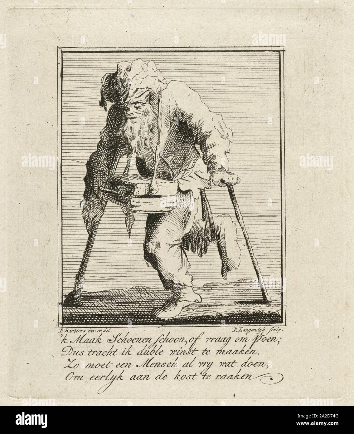 Een man beweegt zich met twee krukken voort en draagt een schoenpoetskistje om zijn nek, Stock Photo