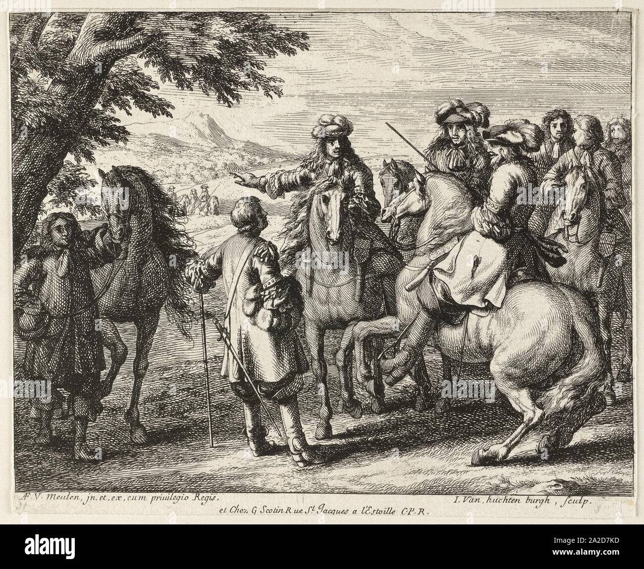 Een overleg tussen drie legeraanvoerders te paard en één op de grond staande man op de voorgrond in een landschap. Links houdt een man een paard bij de teugels Stock -