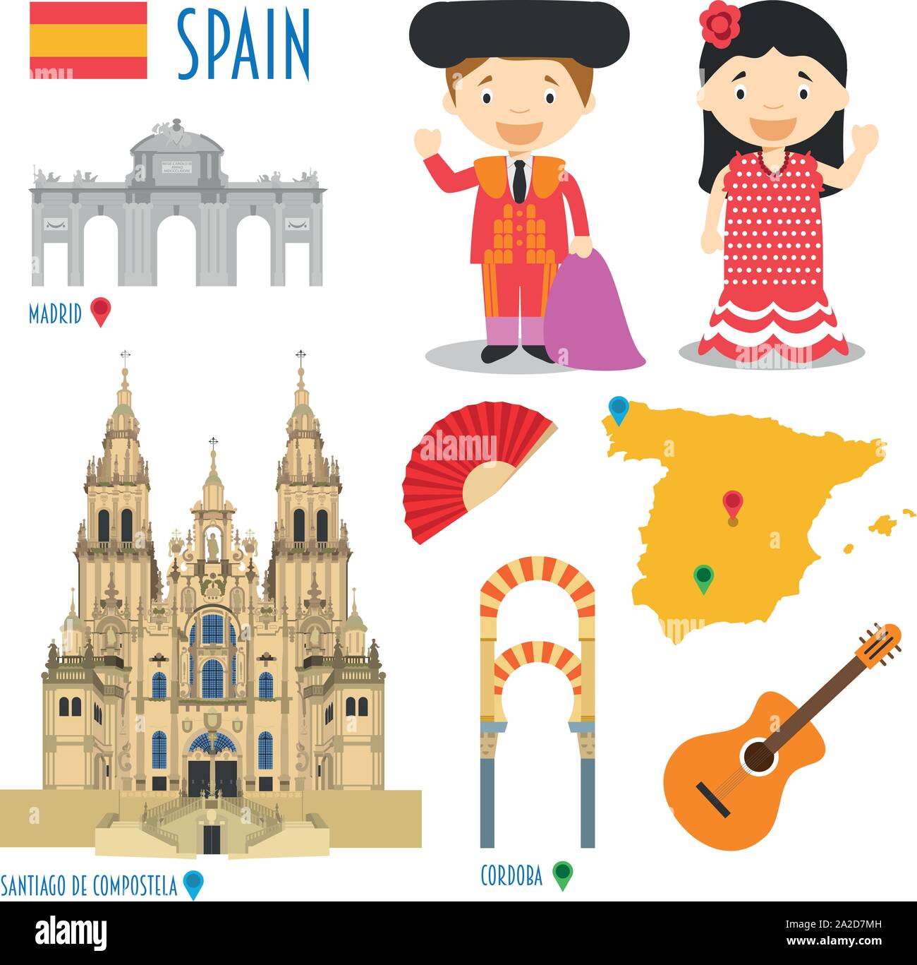 Spain Flat Icon Set Travel and tourism concept. Vector illustration Stock Vector