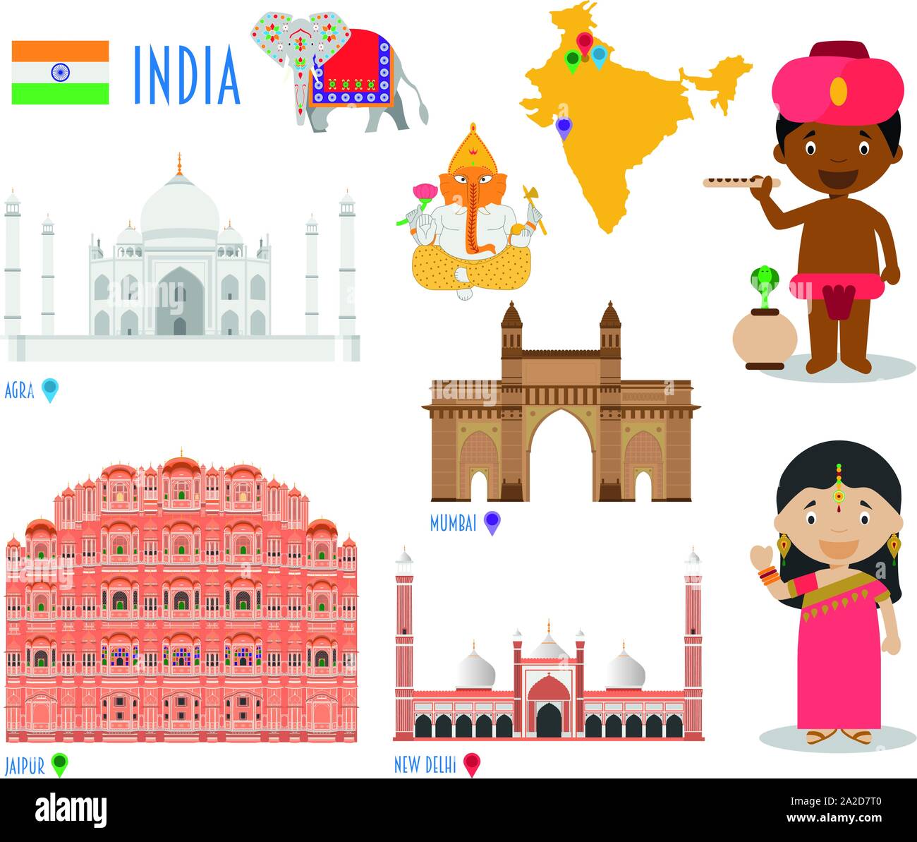 India Flat Icon Set Travel and tourism concept. Vector illustration Stock Vector