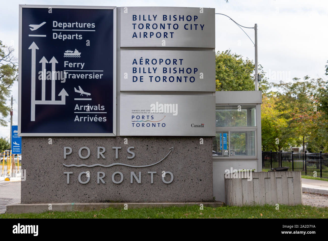 Billy Bishop Toronto City Airport directional sign operated by Ports Toronto. Stock Photo