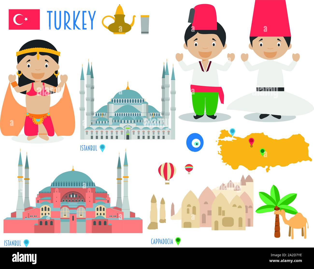 Turkey Flat Icon Set Travel and tourism concept. Vector illustration Stock Vector