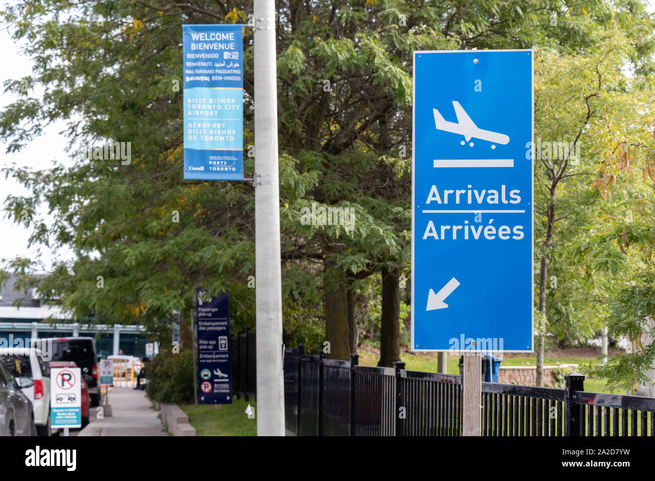 Airport Arrvials sign out front of Billy Bishop Toronto City Airport. Stock Photo