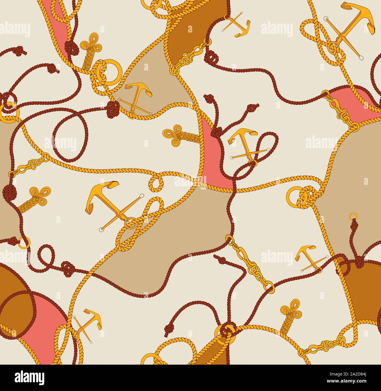 Seamless marine motifs pattern with golden sea anchors, colored ropes on light background patch for textile and fabric design. Stock Photo