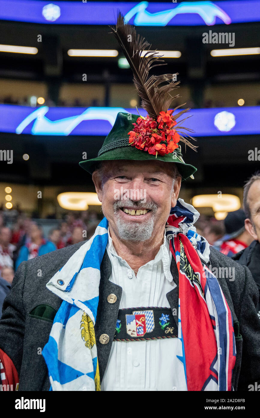A Bayern Munich fan wearing traditional Bavarian dress ahead of a UEFA Champions League match against Tottenham Hotspur, October 1st 2019. Stock Photo