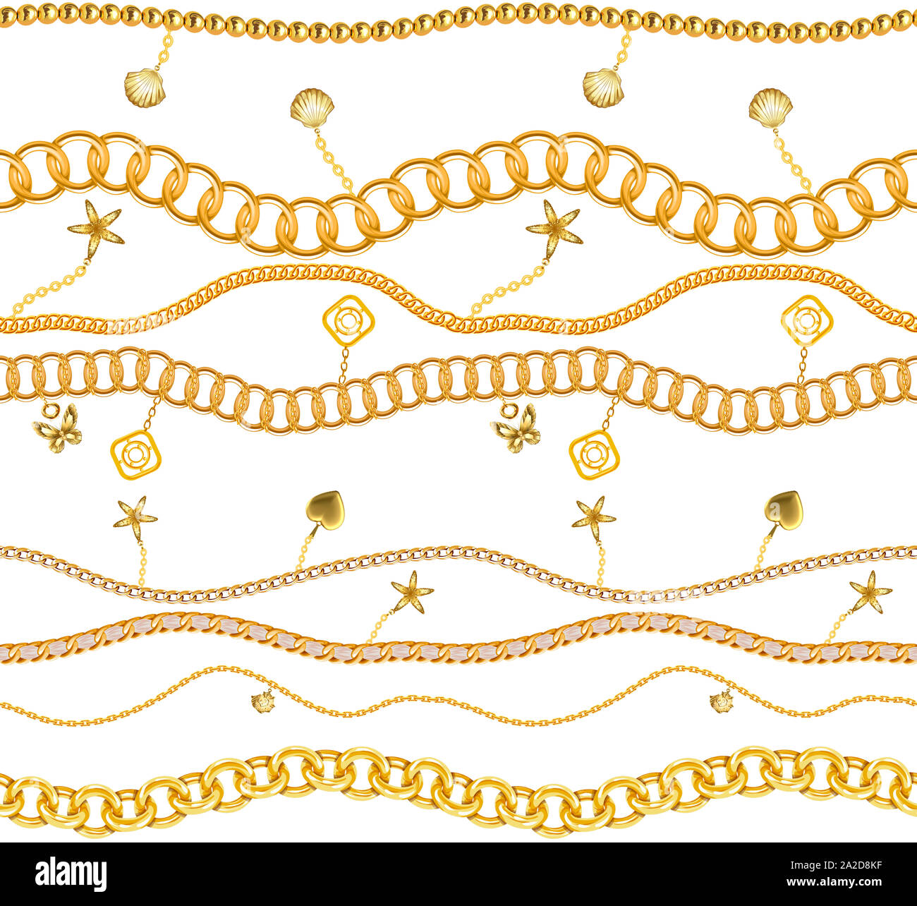 Luxury seamless pattern with jewelry golden chains, on white background