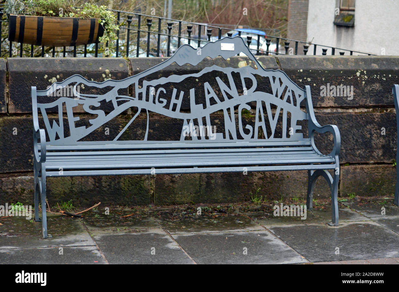 Metal bench seat in Milngavie, the starting point for the West Highland Way Stock Photo