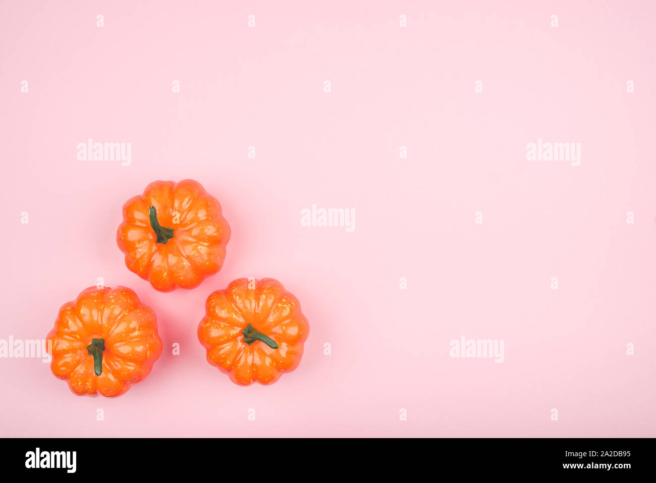 Pink background with three pumpkins. Stock Photo