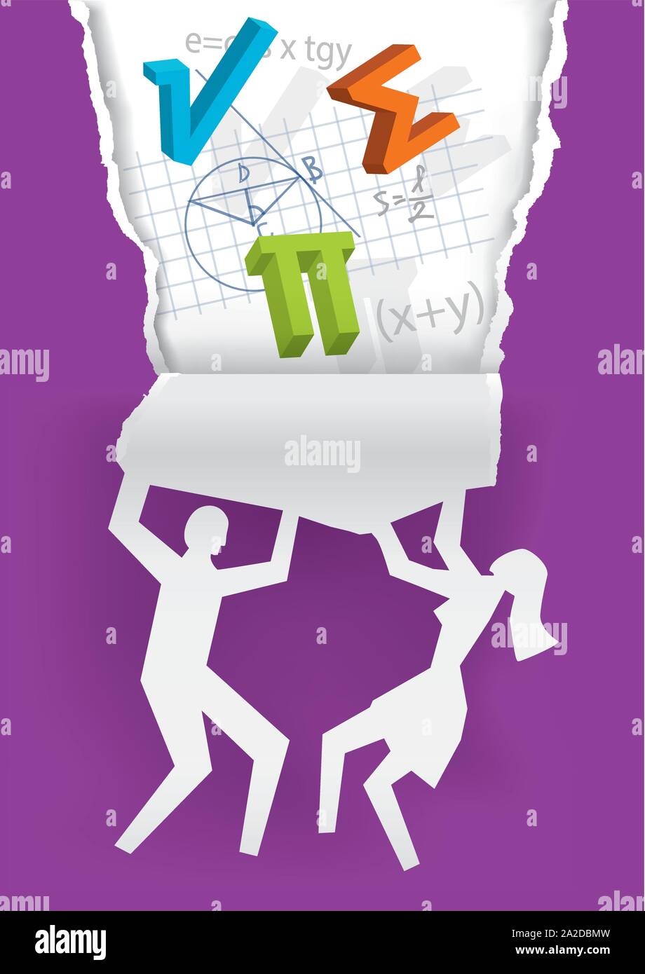 Discover Mathematics, education concept,torn paper. Male an fwmale silhouette ripping violet paper with mathematical formulas and symbols. Vector avai Stock Vector