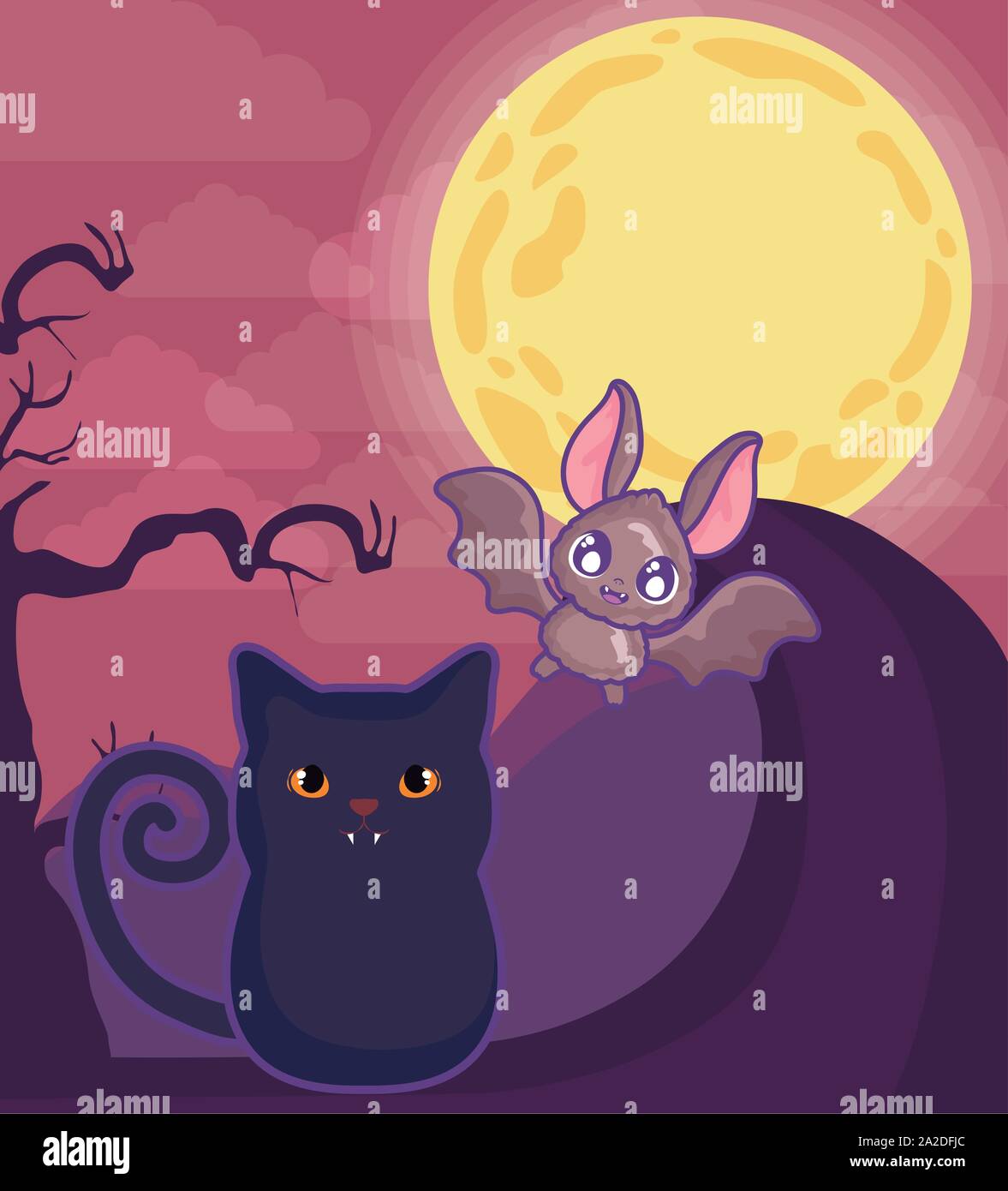 cute cat with bat flying on halloween scene vector illustration design ...