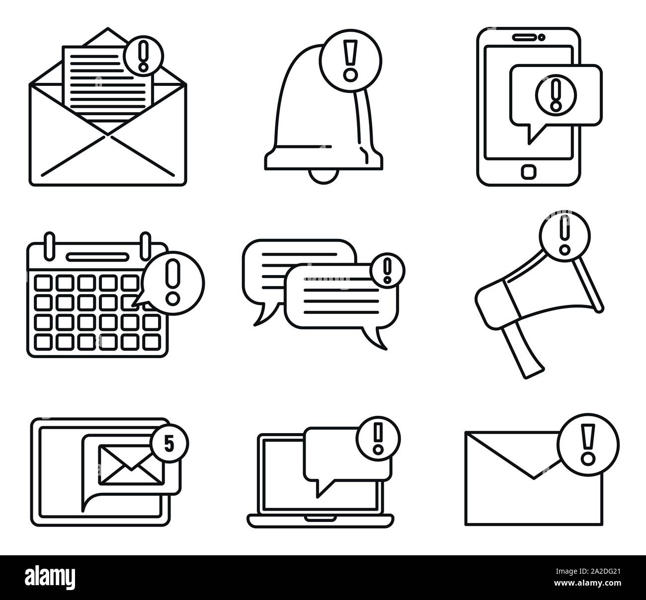 Device notification icons set. Outline set of device notification vector icons for web design isolated on white background Stock Vector