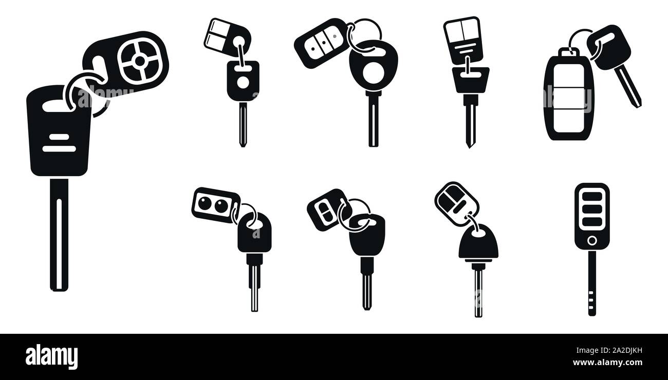 Car alarm system key icons set. Simple set of car alarm system key