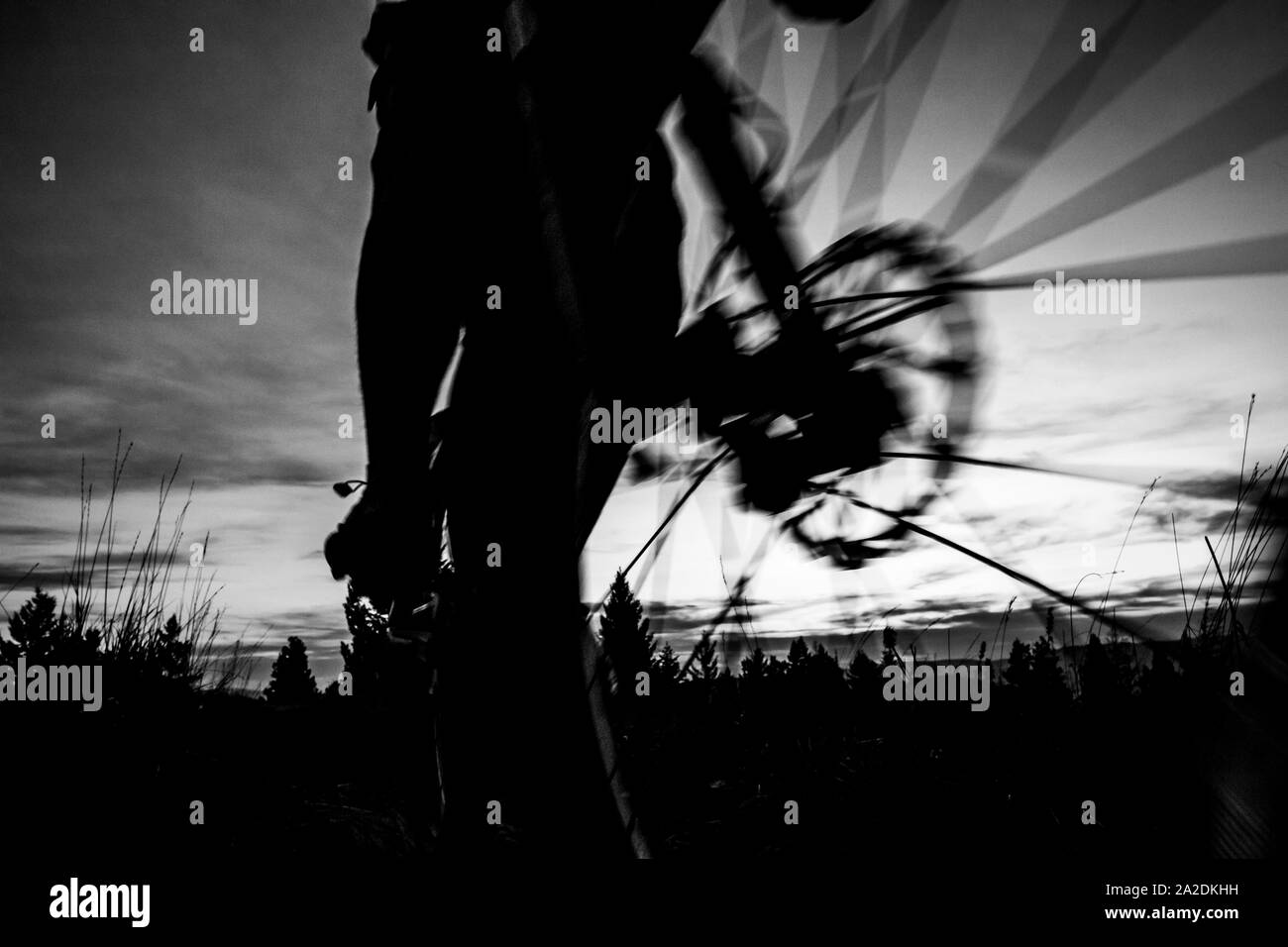 A blurred black and white image of a mountain biker silhouetted. Stock Photo