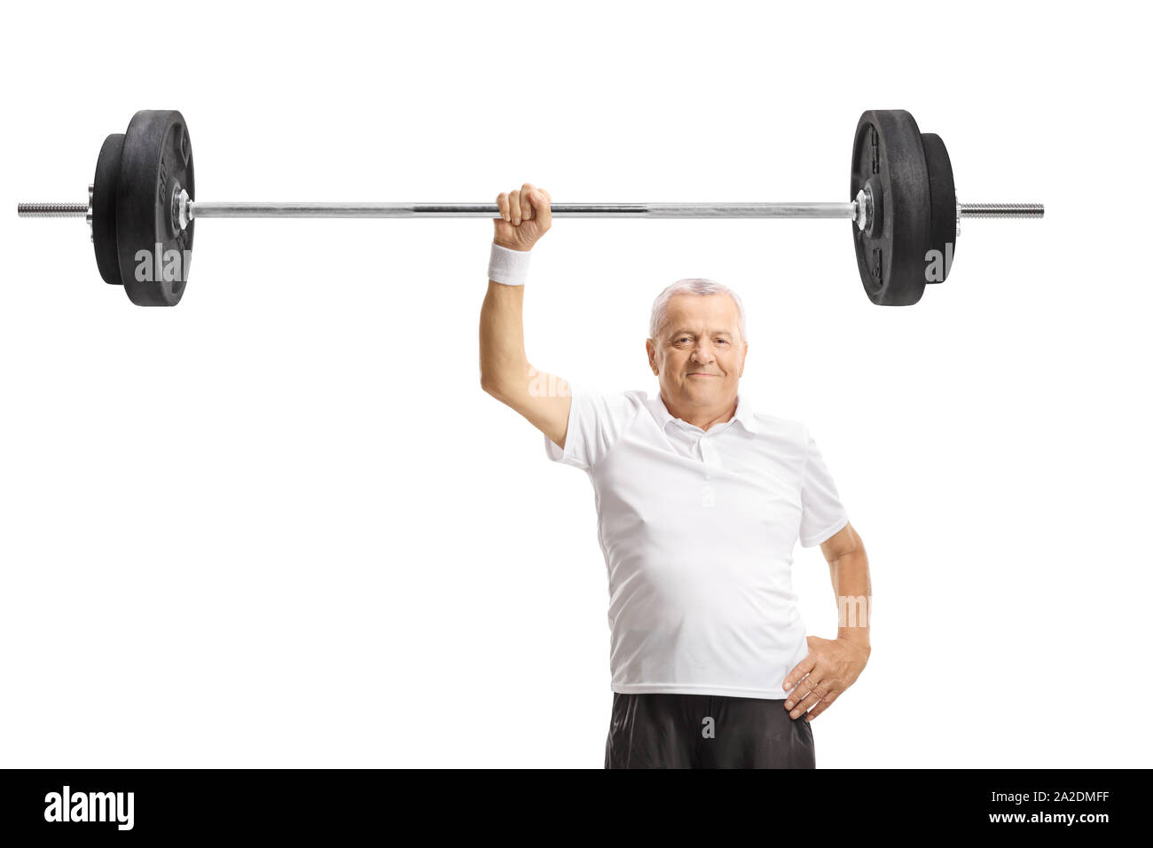 Strong mature man lifting a barbell with one hand isolated on white background Stock Photo Alamy