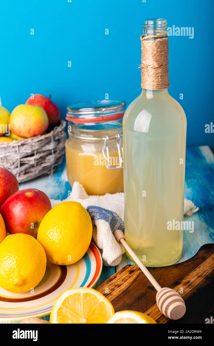 A refreshing lemon drink with honey and ginger. Fresh Lemon. Organic