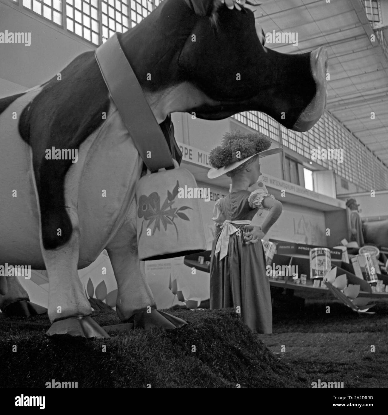 Reklamefiguren einer Kuh und einer Sennerin auf der Internationalen Milchwirtschaftlichen Ausstellung in Berlin 1937, Deutschland 1930er Jahre. Advertising sculptures of a cow and an Alpine dairymaid at the international dairying exhibition in Berlin 1937, Germany 1930s. Stock Photo