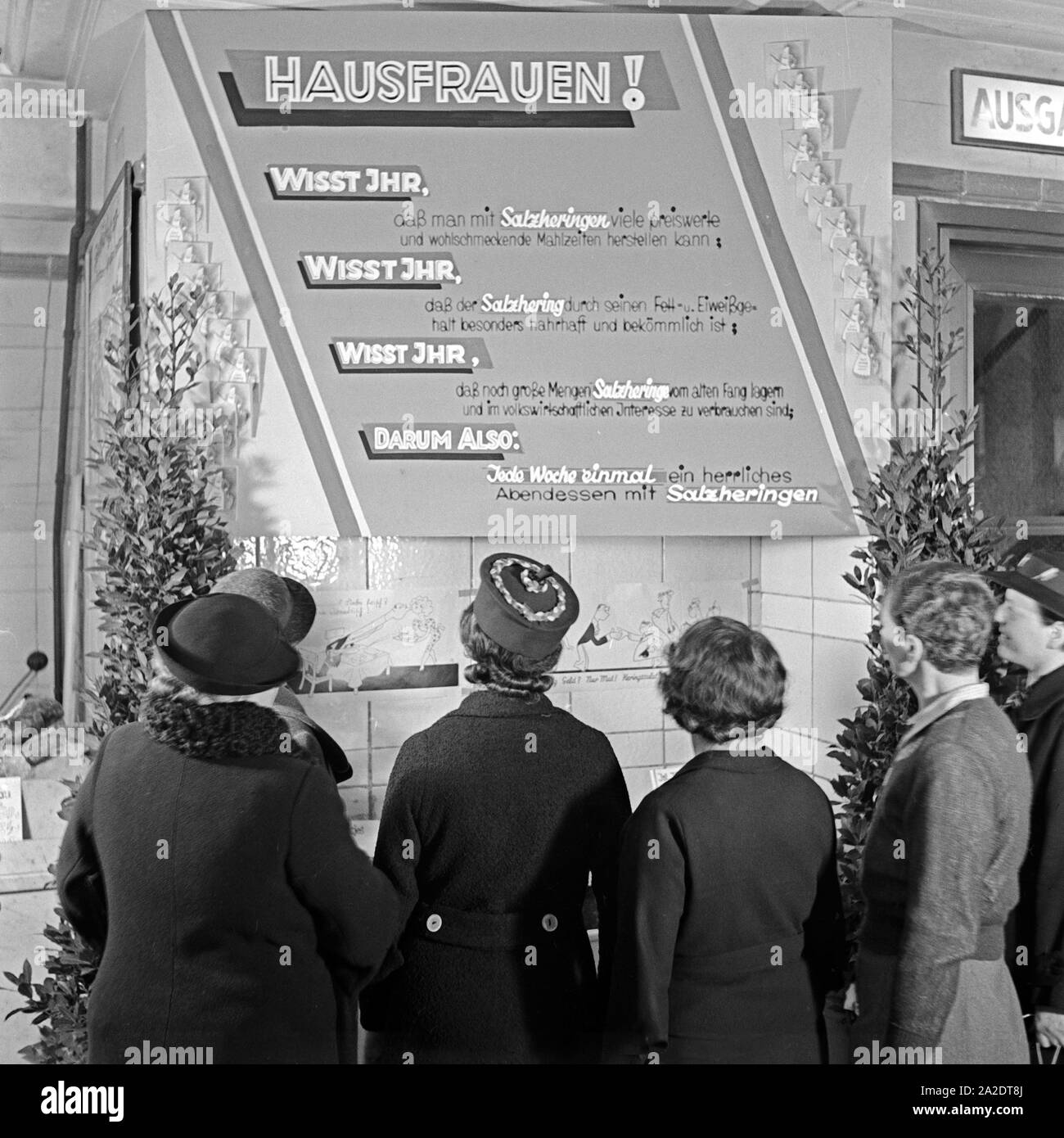 Die Fischabteilung in einem großen Lebensmittelgeschäft wirbt mit Salzheringen, Deutschland 1930er Jahre. The fish department at a grocery offering salted herrings, Germany 1930s. Stock Photo