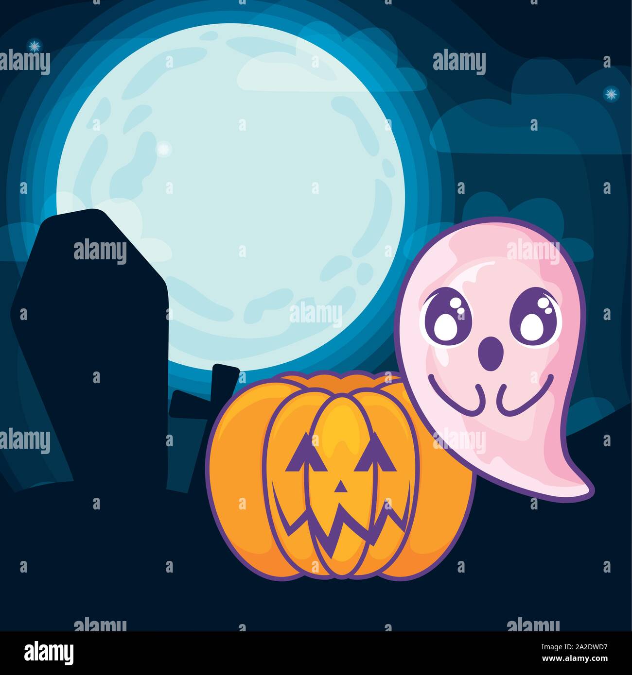 halloween pumpkin with ghost on halloween scene vector illustration ...