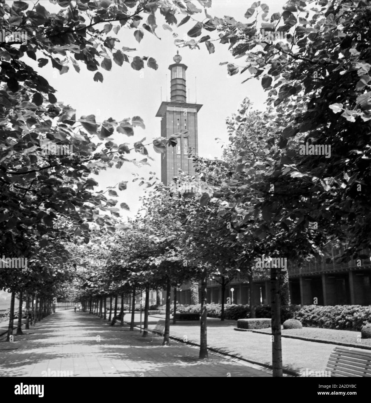 Rheinufer mit Messehallen und Messeturm in Köln Deutz, 1930er Jahre. Shore of river Rhine with Cologne fair buildings and tower, 1930s. Stock Photo