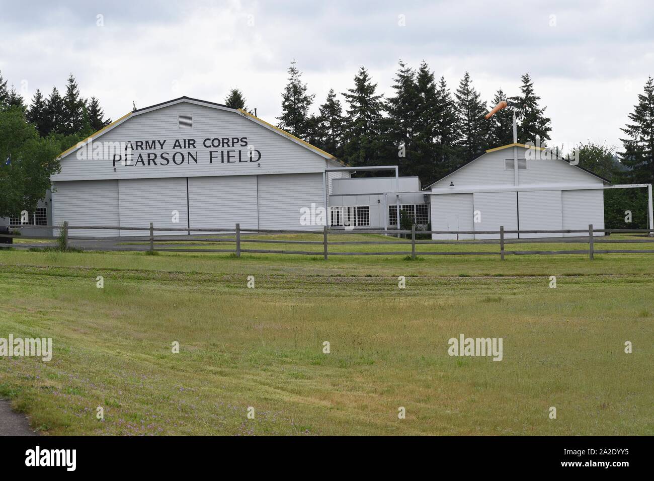 The historic hangers at Pearson Field. The main hanger is now used for Pearson Air Museum. The museum is part of Fort Vancouver National Historic Site Stock Photo