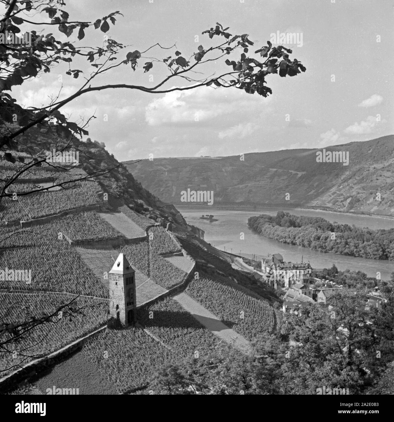 Der Rhein bei Bacharach, umgeben von Weinbergen, Deutschland 1930er Jahre. River Rhine near Bacharach, surrounded by vineyards, Germany 1930s. Stock Photo
