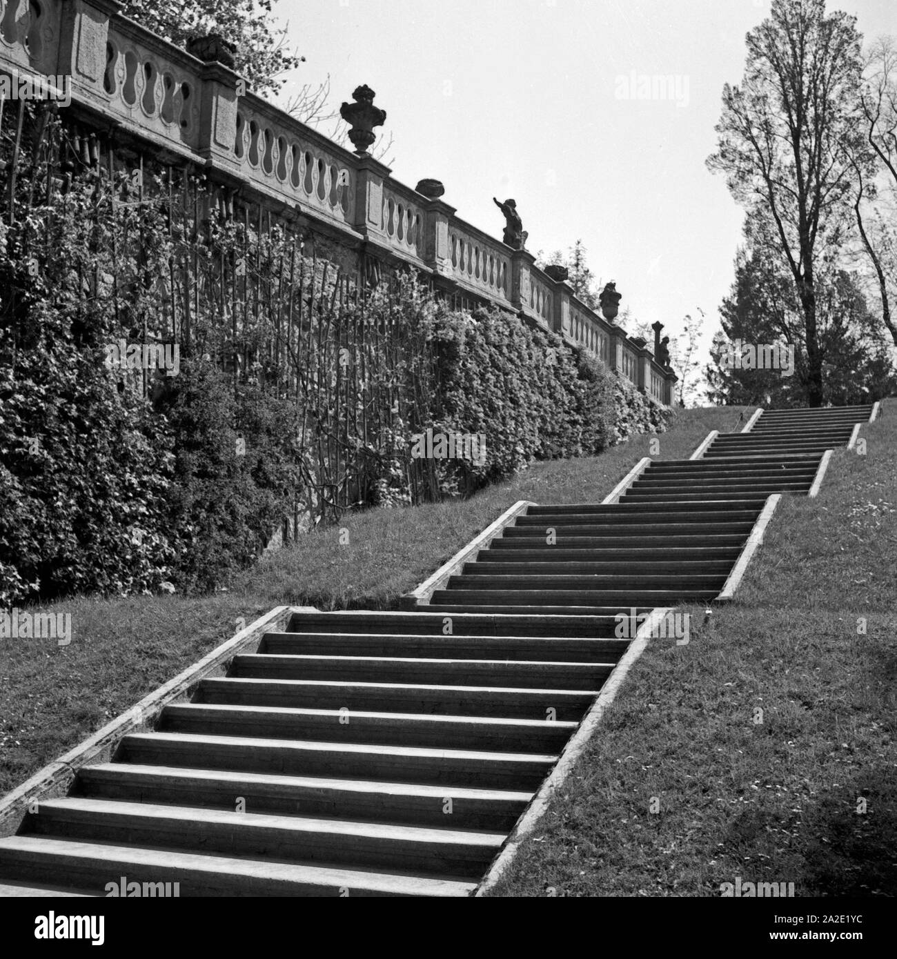 Treppe im Park der Residenz zu Würzburg, Deutschland 1930er Jahr. Stairs at the park of Wuerzburg Residence, Germany 1930s. Stock Photo